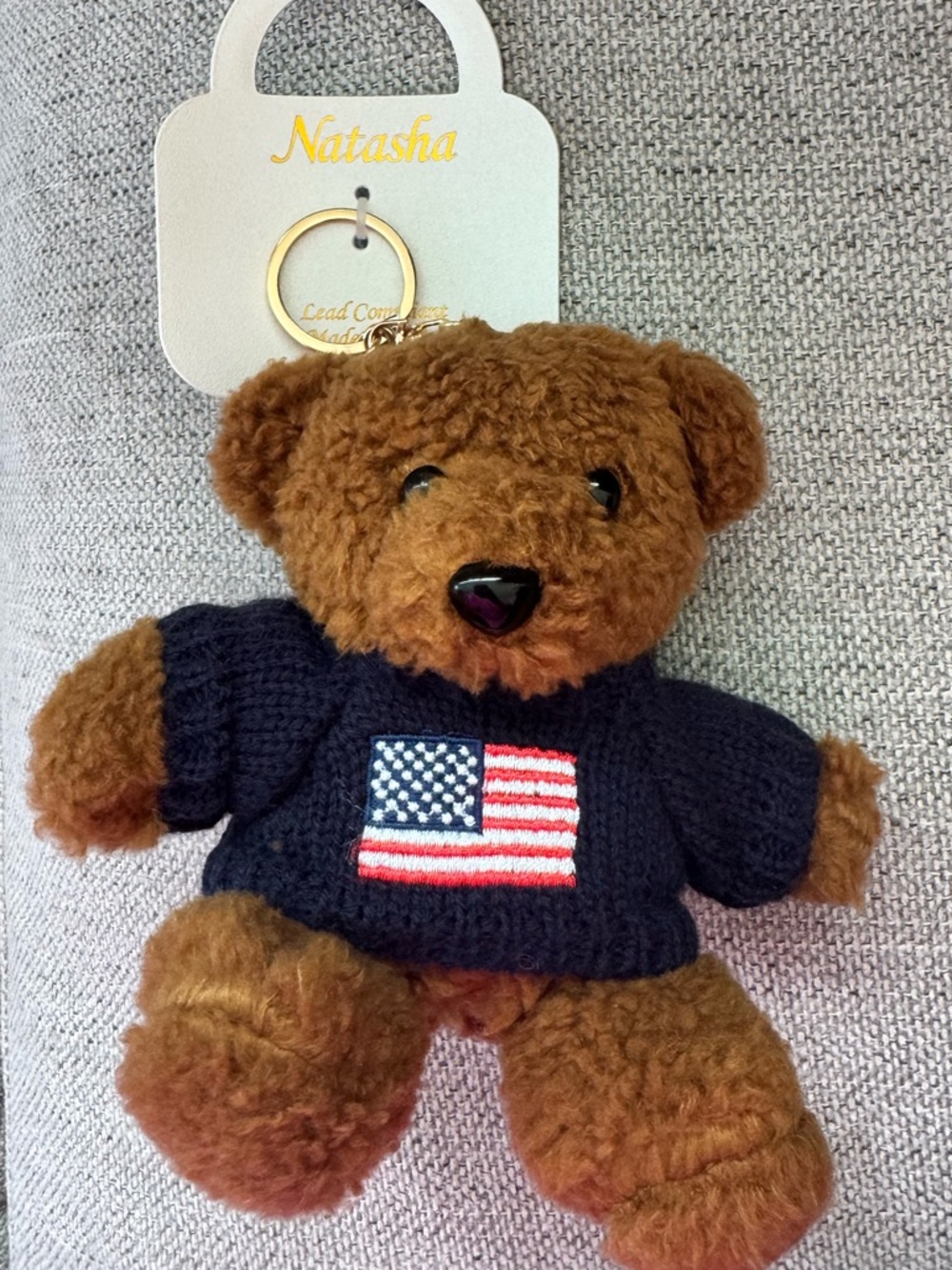 Natasha Couture Brown Teddy Bear Keychain with Navy Sweater